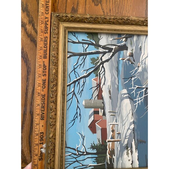 Vintage Paint By Number Winter Farm Landscape Scene In Ornate Gold Frame 20"x15" - Picture 7 of 8